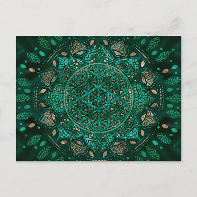 Carte Postale Fleur de la vie Point Art malachite or (Devant)