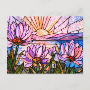 Carte Postale Fleur de Lotus Nénuphar Rose Violet Orange Coucher