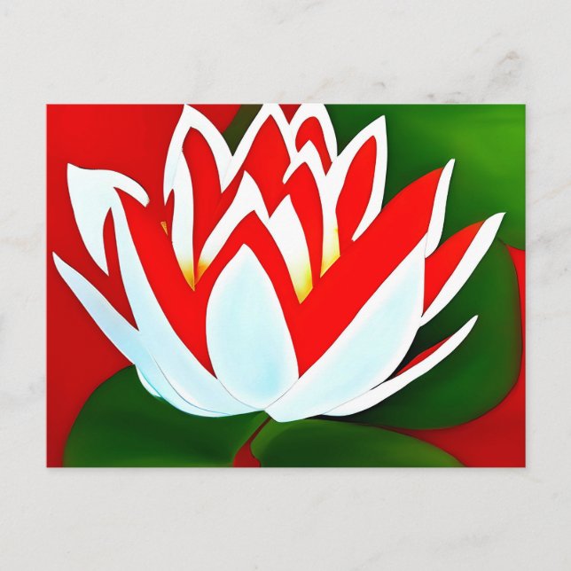 Carte Postale Fleur de lotus rouge et blanc avec feuilles verts (Devant)