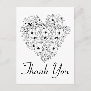 Carte Postale Fleur de remerciement Anémone Cœur Fleur Noir Blan