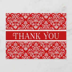 Carte Postale Fleur de remerciement rouge et blanc damassé