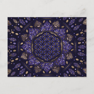 Carte Postale Fleur de vie en Lotus Dot Art violets et or