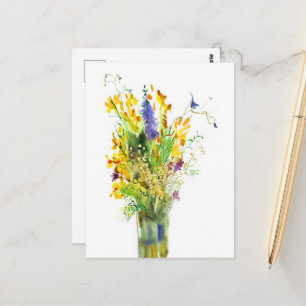 Carte Postale Fleur d'eau aquarelle jaune et violette d'été