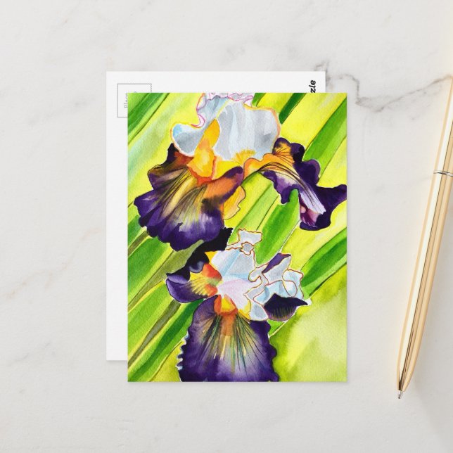 Carte Postale Fleur d'iris floral aquarelle (Devant/Arrière en situation)