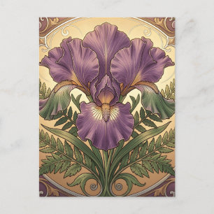 Carte Postale Fleur d'iris pourpre Art Nouveau Cadre Orné