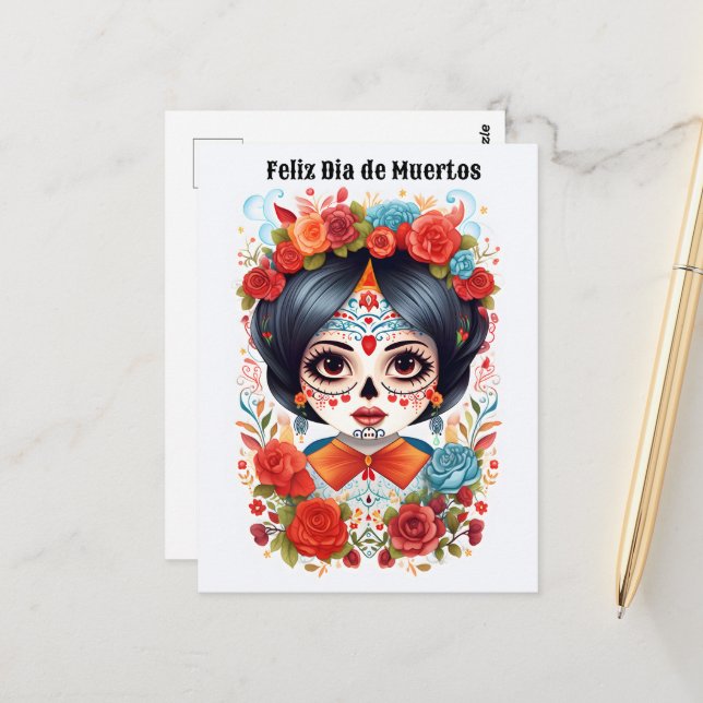 Carte Postale 🌹 Fleur et Crâne : Hommage à Dia de Muertos (Devant/Arrière en situation)