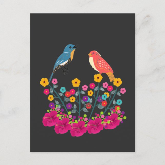 Carte Postale Fleur Et Oiseaux Coloré Beau (Devant)