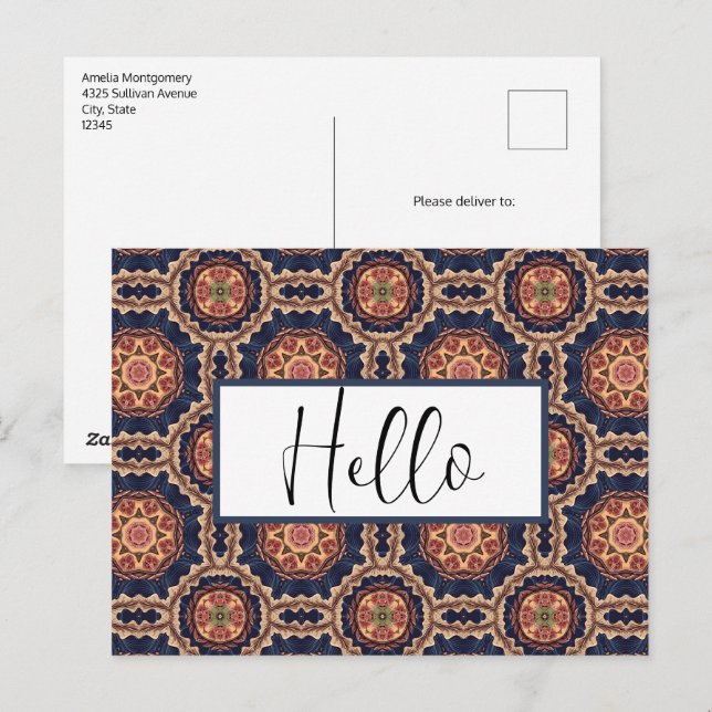 Carte Postale Fleur fantaisie et formes étoiles Motif Bonjour (Devant / Derrière)