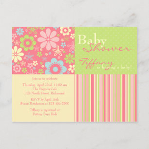 Carte Postale Fleur Fizz rose et vert ・ Invitation Baby shower