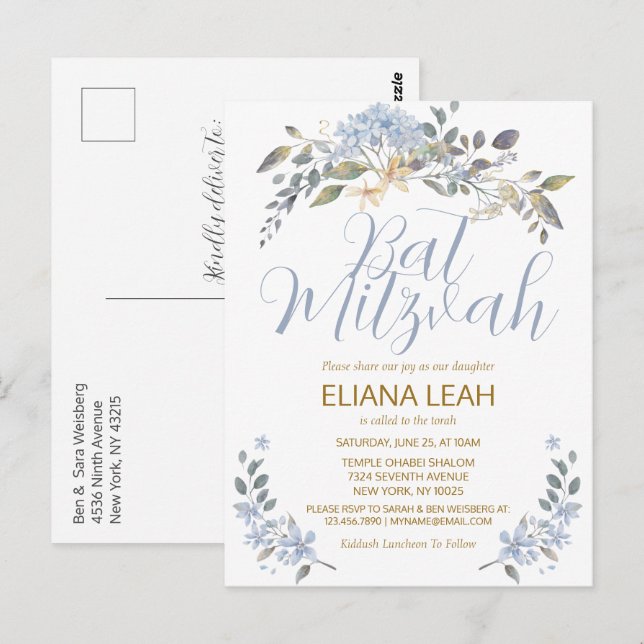 Carte Postale Fleur floral aquarelle bleu pour Bat Mitzvah (Devant / Derrière)