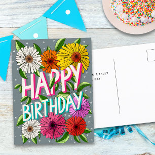 Carte Postale Fleur gris coloré personnalisé Joyeux Anniversaire