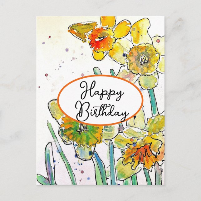 Carte Postale Fleur jonquille jaune Aquarelle Anniversaire (Devant)