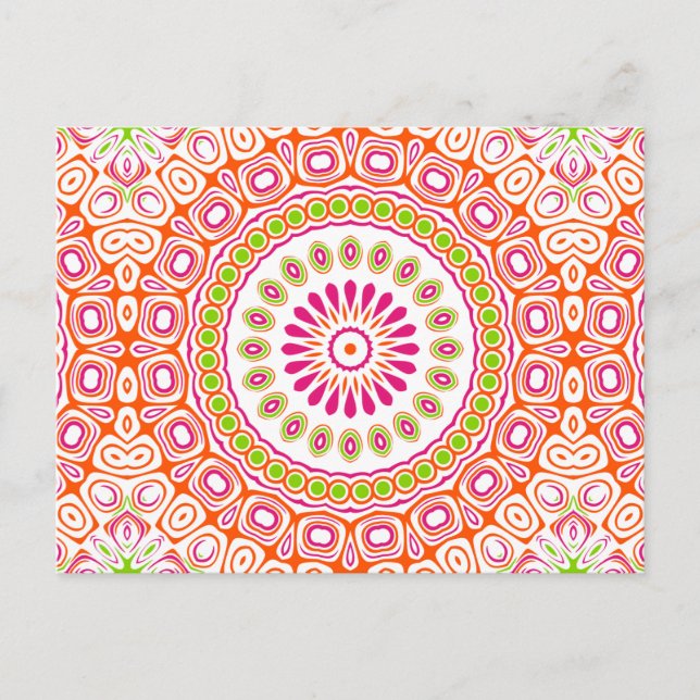Carte Postale Fleur Mandala de printemps rose vif et orange (Devant)