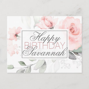 Carte Postale Fleur rose aquarelle personnalisée Joyeux Annivers