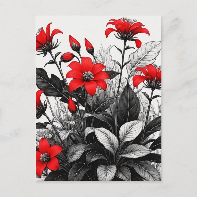 Carte Postale Fleur rouge sur Plante noir blanc (Devant)