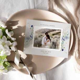 Carte Postale Fleur sauvage Aquarelle Bleu Enregistrer La Date C