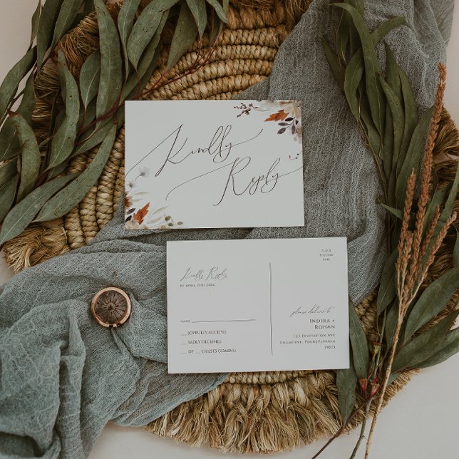 Carte Postale Fleur sauvage d'automne Boho | Mariage beige RSVP (Créateur téléchargé)