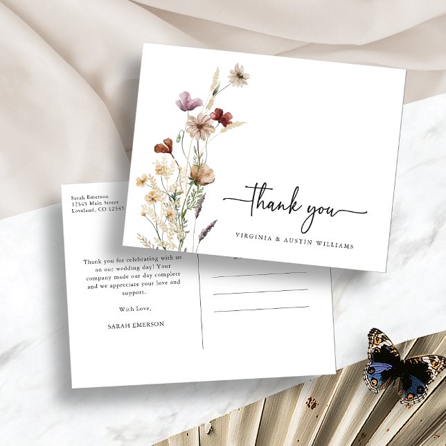 Carte Postale Fleur sauvage Merci rustique (Rustic White Boho Thank You Wildflower Postcard by Painted Paperie
)