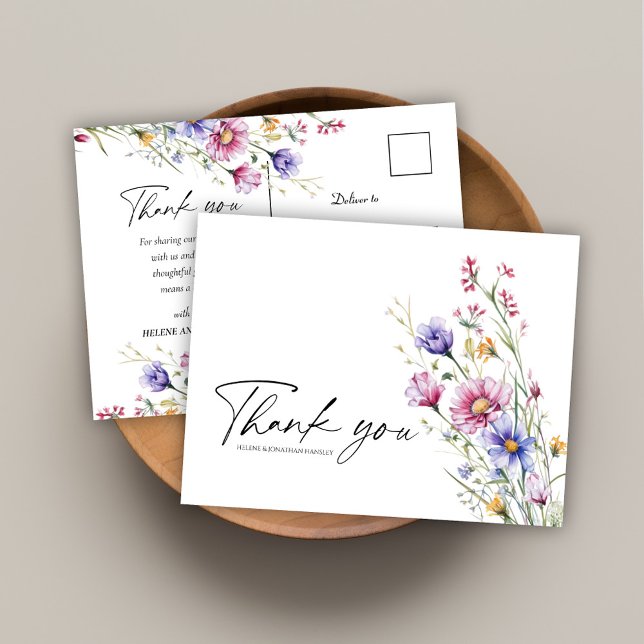 Carte Postale Fleur sauvage moderne Floral Élégant Merci de mari (Modern Wildflower Floral Elegant Wedding Thank You Postcard)