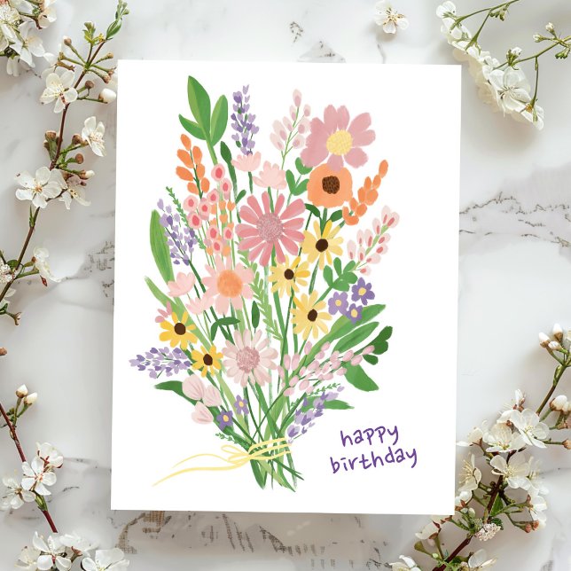 Carte Postale Fleur sauvage peint à la main Gouache Joyeux anniv (Wildflowers Handpainted Gouache Bouquet Happy Birthday Custom  Postcard
)