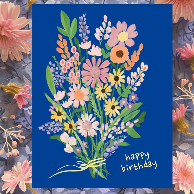 Carte Postale Fleur sauvage peint à la main Gouache Joyeux anniv (Wildflowers Handpainted Bouquet Gouache Happy Birthday Blue Postcard
)