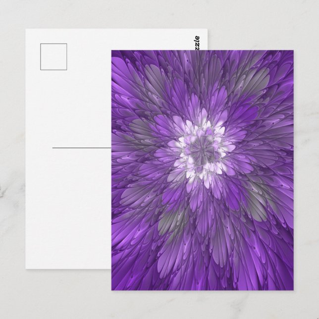 Carte Postale Fleur Violette Psychedelique Art Fractal Abstrait (Devant / Derrière)