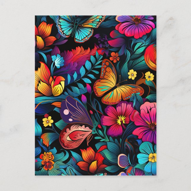 Carte Postale Fleur vive et Motif papillon (Devant)