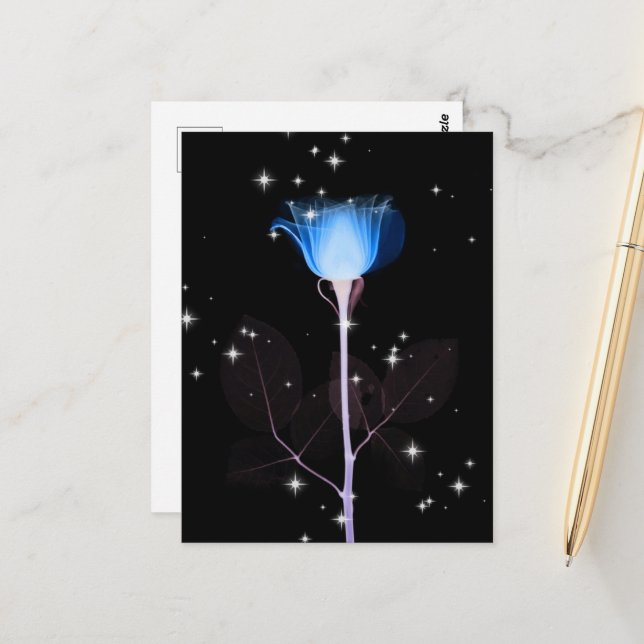 Carte Postale Fleur X-Ray scintillante - Bleu (Devant/Arrière en situation)