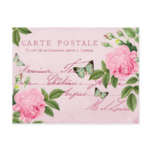 Carte postale fleurie rose vintage aux papillons