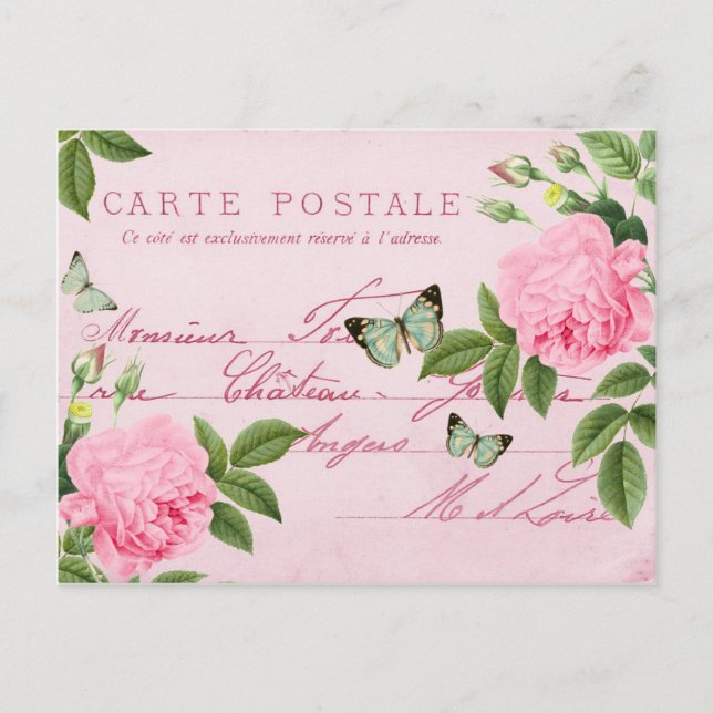 Carte postale fleurie rose vintage aux papillons (Devant)