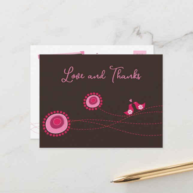 Carte Postale Fleurs à points roses et Merci aux oiseaux heureux (Devant/Arrière en situation)