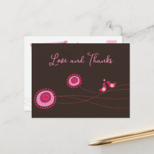 Carte Postale Fleurs à points roses et Merci aux oiseaux heureux