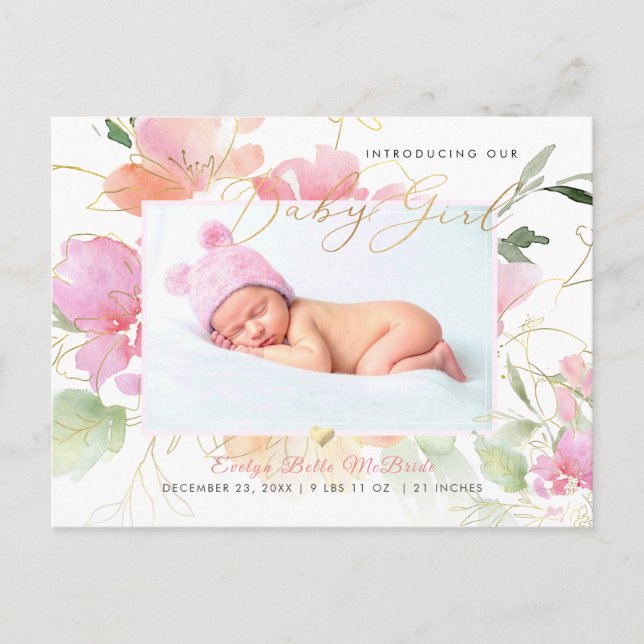 Carte Postale Fleurs aquarelle rose fille naissance PixDezines (Devant)