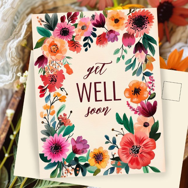 Carte Postale Fleurs aquarelles audacieuses SUR COMMANDE BIENTÔT (Bold Watercolor Florals WELL SOON CUSTOM Postcard
)