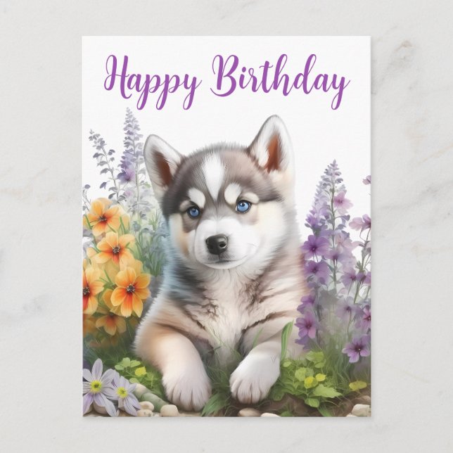 Carte Postale Fleurs aquarelles et chiot husky sibérien (Devant)