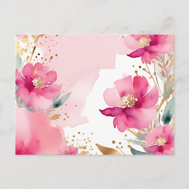 Carte Postale Fleurs aquarelles rose tendre avec or (Devant)