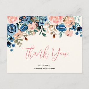 Carte Postale Fleurs aquarelles roses et bleues Merci