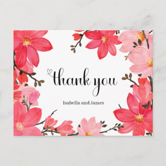 Carte Postale Fleurs aquarelles roses et rouges Merci
