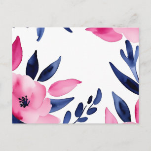Carte Postale Fleurs aquarelles roses vives et bleues marine