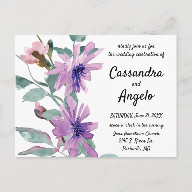 Carte Postale Fleurs aquarelles violettes Mariage (Devant)