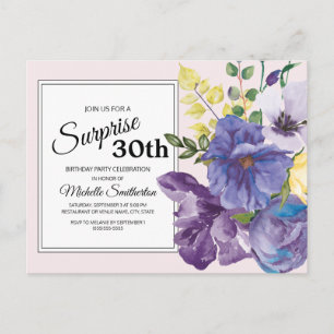 Carte Postale Fleurs aquarelles violettes sur fond rose pour 30