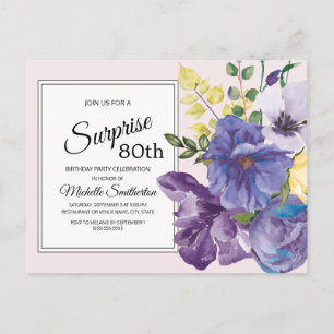 Carte Postale Fleurs aquarelles violettes sur fond rose pour 80e