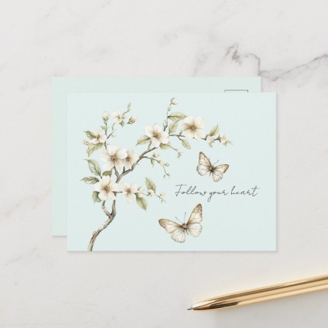 Carte Postale Fleurs blanches de menthe papillons   (Devant/Arrière en situation)