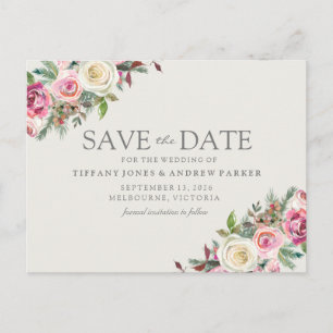 Carte Postale Fleurs blanches roses Enregistrer la date