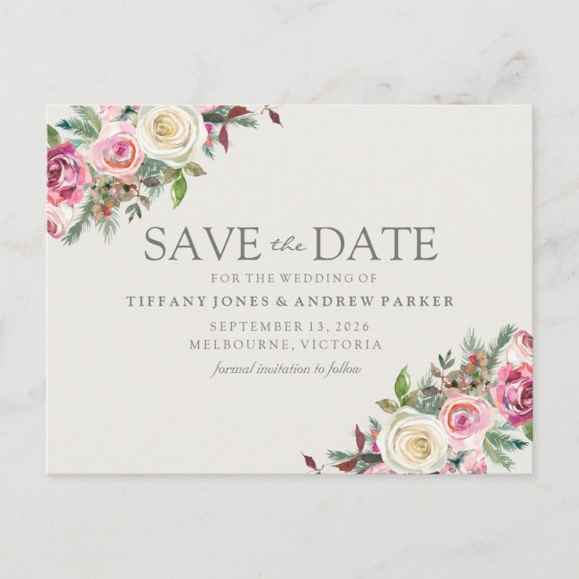 Carte Postale Fleurs blanches roses Enregistrer la date (Devant)
