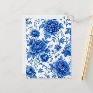 Carte Postale Fleurs bleues délavées Roses Pivoines Bleu de coba
