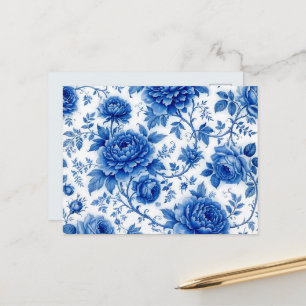 Carte Postale Fleurs bleues délavées Roses Pivoines Bleu de coba