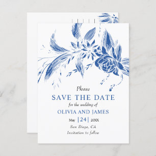 Carte Postale Fleurs bleues et blanches Enregistrer la date