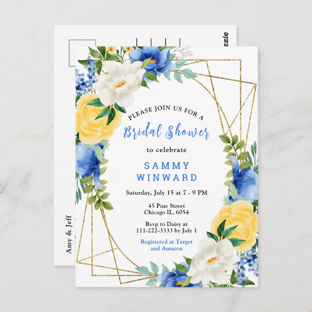 Carte Postale Fleurs bleues et jaunes avec Fête des mariées de f (Devant / Derrière)