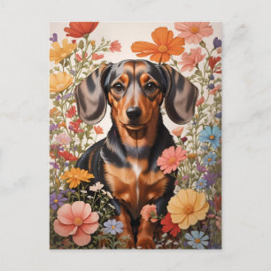 Carte Postale Fleurs Brown De Dachshund Et Cosmos